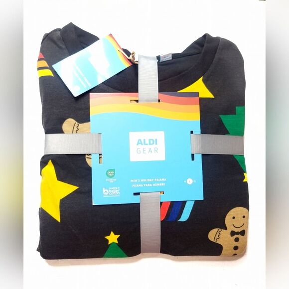 ALDI GEAR CHRISTMAS 2024 Men's 2pc Cotton Blend Gingerbread Man Pajama Set Black - Picture 2 of 11